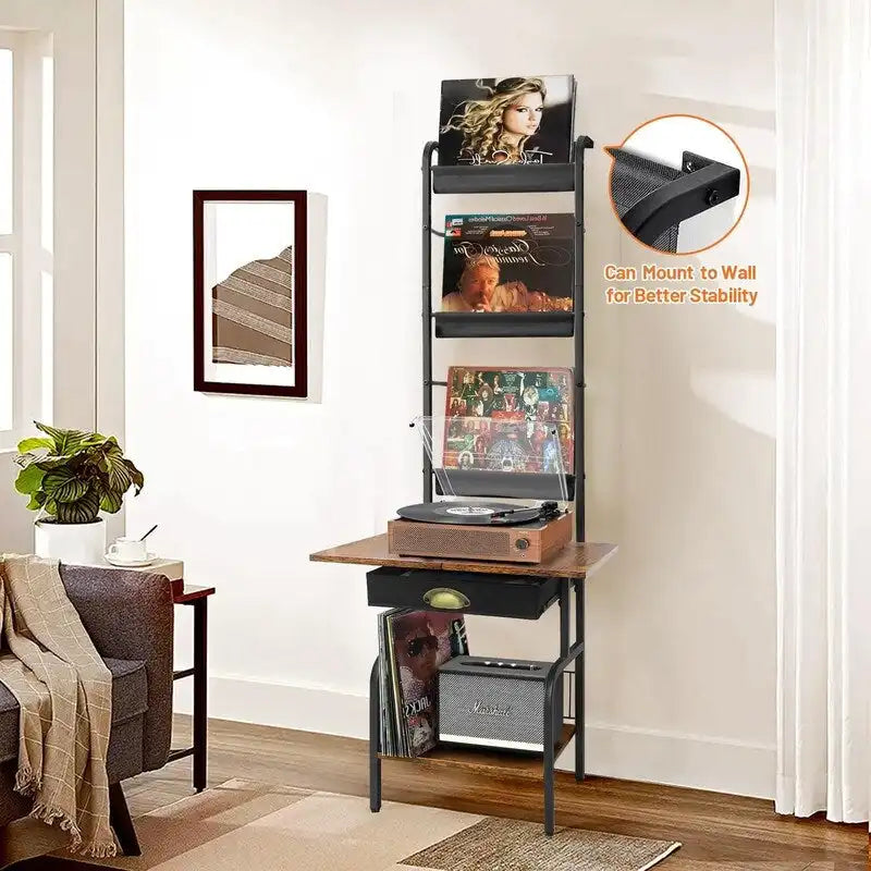 Schallplattenspieler-Ständer mit 3 Ebenen und Vinylaufbewahrung