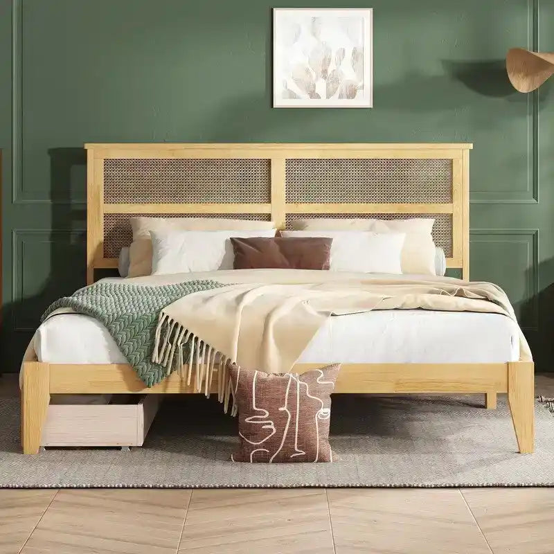 Kingsize-Plattformbett mit Rattan-Kopfteil und zwei Aufbewahrungsschubladen