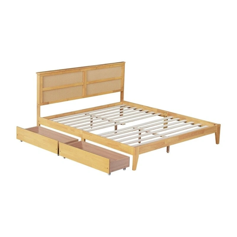 Kingsize-Plattformbett mit Rattan-Kopfteil und zwei Aufbewahrungsschubladen
