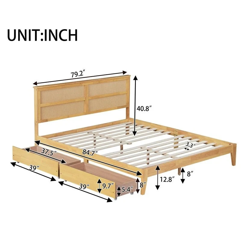 Kingsize-Plattformbett mit Rattan-Kopfteil und zwei Aufbewahrungsschubladen