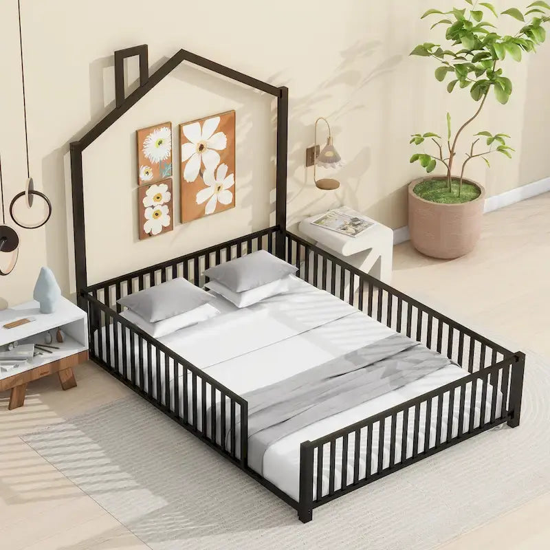 Full Size Metal Platform Bed with Safety Guardrails And Chimney Design