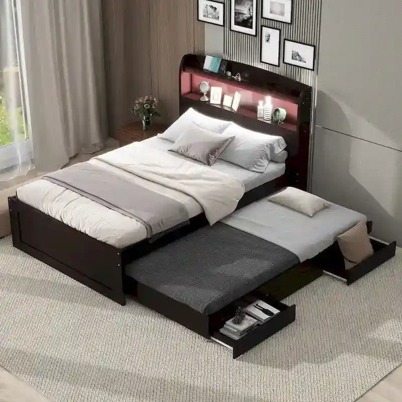 Twin-XL-Plattformbett mit LED-Kopfteil, Ausziehbett und Aufbewahrungsschubladen