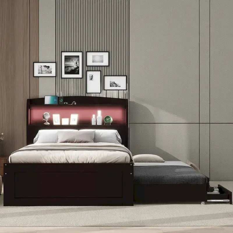 Twin-XL-Plattformbett mit LED-Kopfteil, Ausziehbett und Aufbewahrungsschubladen