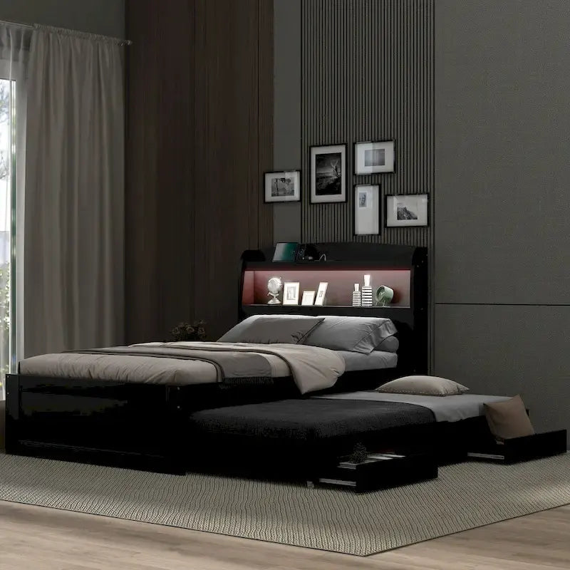 Twin-XL-Plattformbett mit LED-Kopfteil, Ausziehbett und Aufbewahrungsschubladen