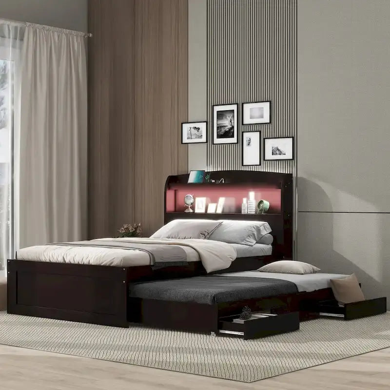 Twin-XL-Plattformbett mit LED-Kopfteil, Ausziehbett und Aufbewahrungsschubladen