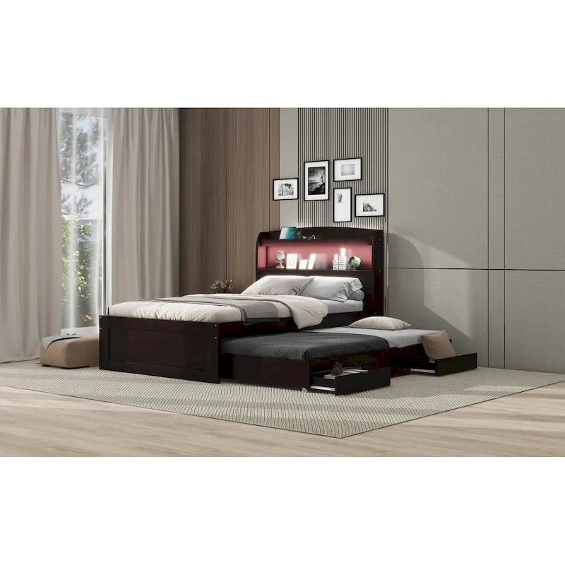 Twin-XL-Plattformbett mit LED-Kopfteil, Ausziehbett und Aufbewahrungsschubladen