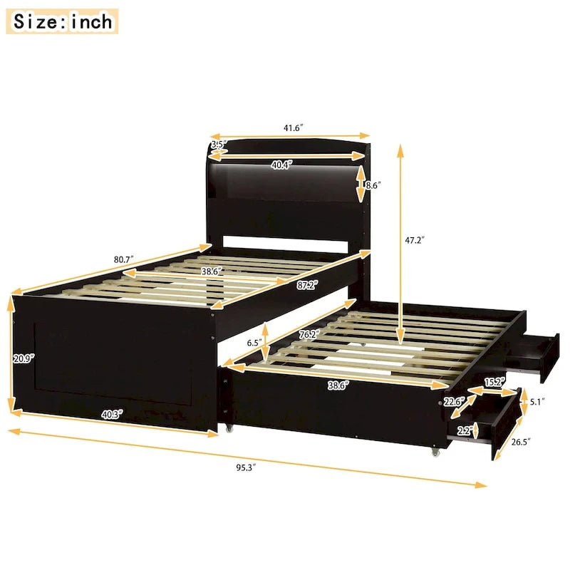 Twin XL Platform Bed with LED Headboard, Trundle and Storage Drawers