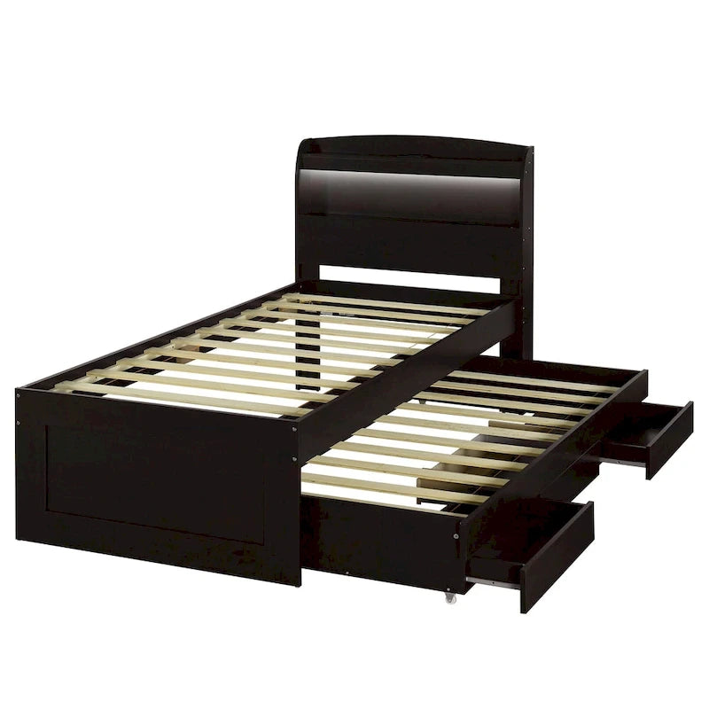 Twin XL Platform Bed with LED Headboard, Trundle and Storage Drawers
