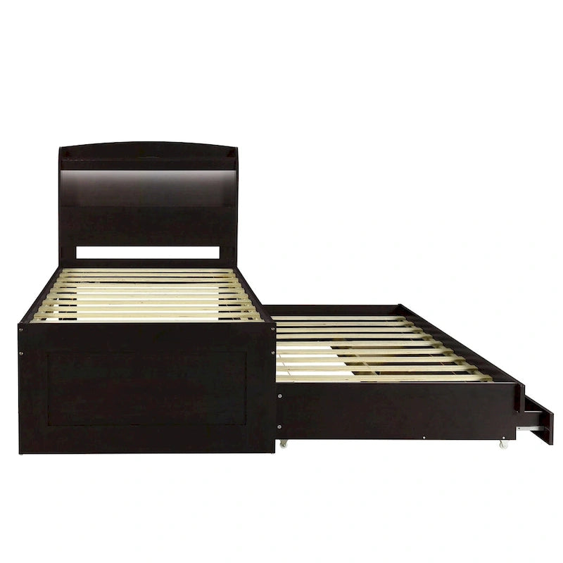 Twin XL Platform Bed with LED Headboard, Trundle and Storage Drawers