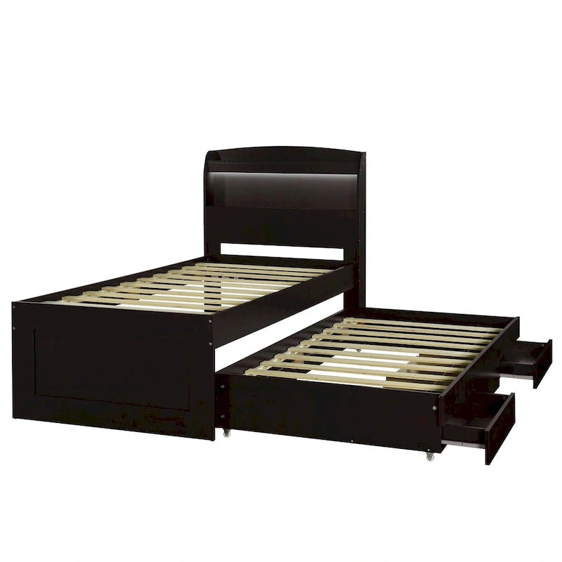 Twin XL Platform Bed with LED Headboard, Trundle and Storage Drawers