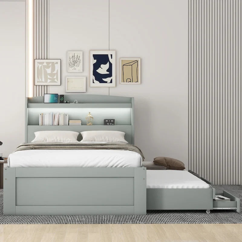 Twin XL Platform Bed with LED Headboard, Trundle and Storage Drawers