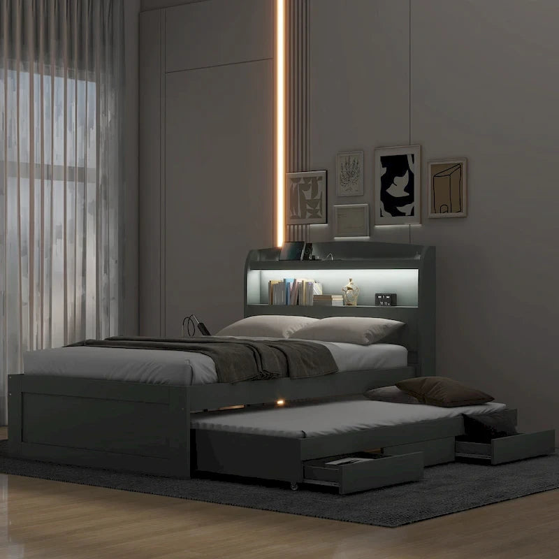 Twin XL Platform Bed with LED Headboard, Trundle and Storage Drawers