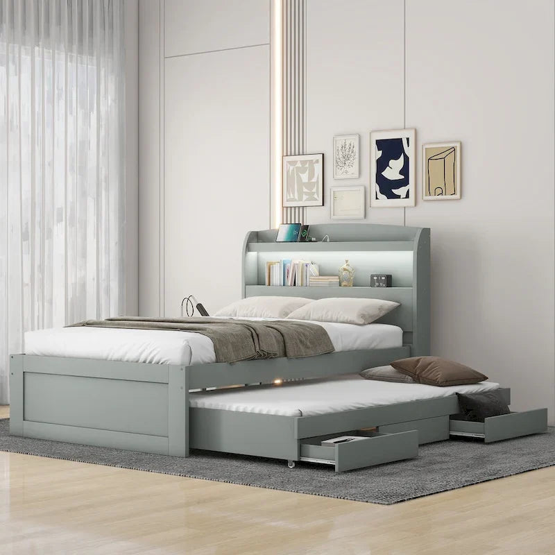 Twin XL Platform Bed with LED Headboard, Trundle and Storage Drawers