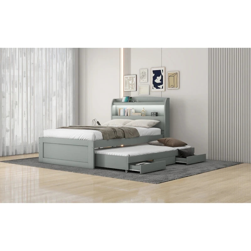 Twin XL Platform Bed with LED Headboard, Trundle and Storage Drawers