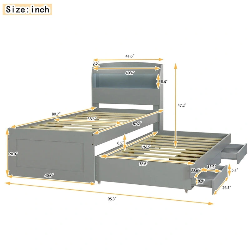 Twin XL Platform Bed with LED Headboard, Trundle and Storage Drawers