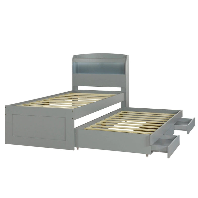 Twin XL Platform Bed with LED Headboard, Trundle and Storage Drawers