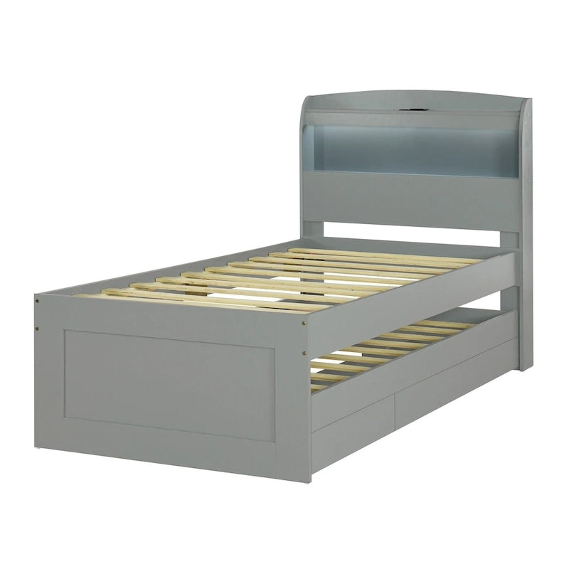 Twin XL Platform Bed with LED Headboard, Trundle and Storage Drawers
