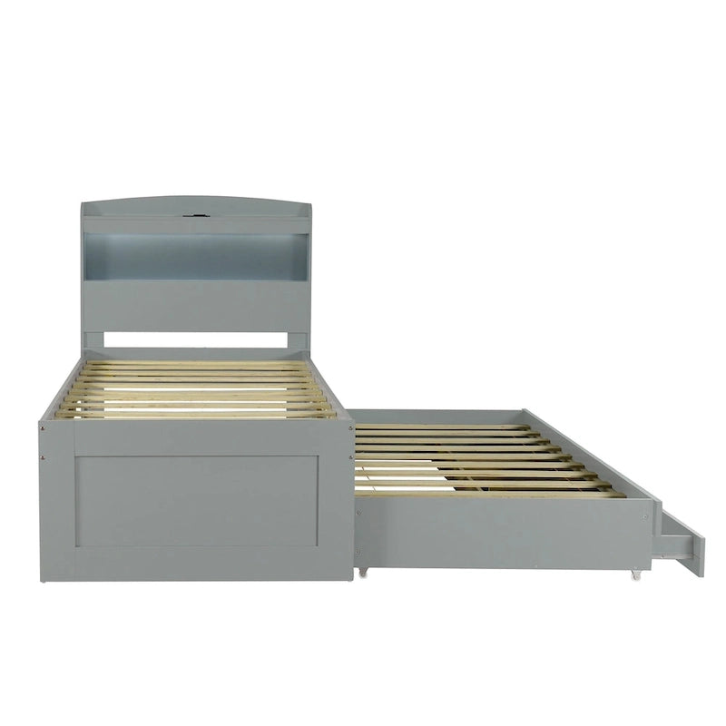 Twin XL Platform Bed with LED Headboard, Trundle and Storage Drawers
