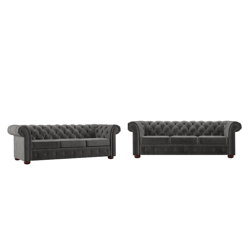Chesterfield-Sofa mit gerafften geschwungenen Armlehnen