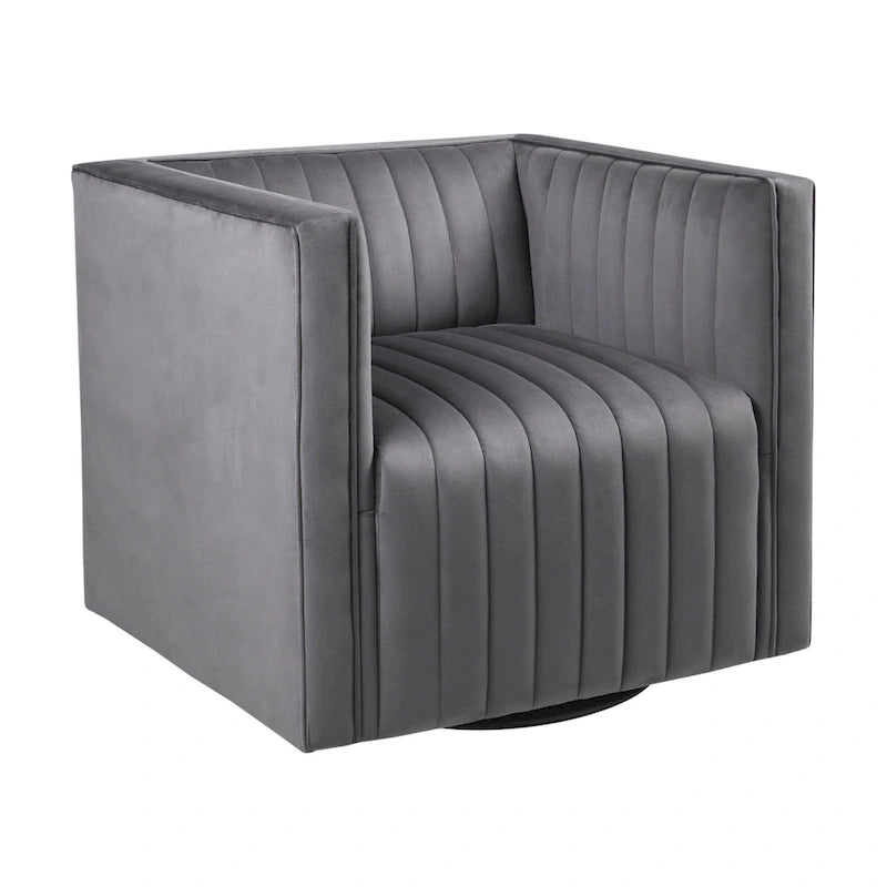 Draaibare fauteuil met channel-tufting van grijs fluweel