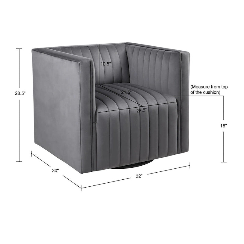 Draaibare fauteuil met channel-tufting van grijs fluweel