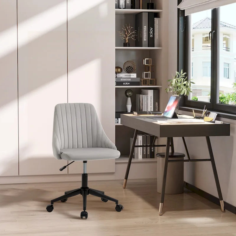 Bürostuhl mit mittelhoher Rückenlehne, drehbarem Samtsitz und Muscheldesign für Homeoffice oder Schlafzimmer