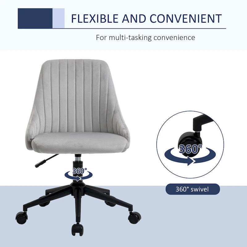 Silla de oficina de respaldo medio, asiento giratorio de tela de terciopelo con diseño festoneado para oficina en casa o dormitorio