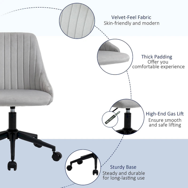Silla de oficina de respaldo medio, asiento giratorio de tela de terciopelo con diseño festoneado para oficina en casa o dormitorio