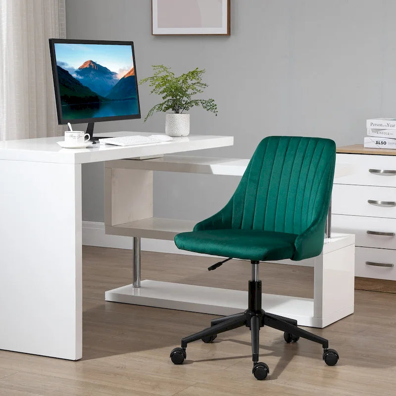Silla de oficina de respaldo medio, asiento giratorio de tela de terciopelo con diseño festoneado para oficina en casa o dormitorio