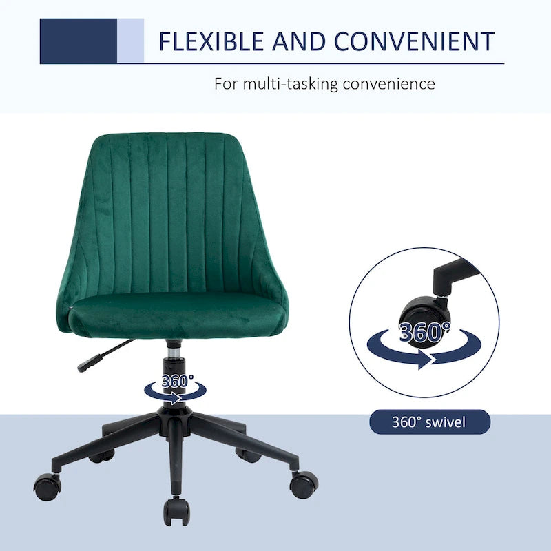 Silla de oficina de respaldo medio, asiento giratorio de tela de terciopelo con diseño festoneado para oficina en casa o dormitorio