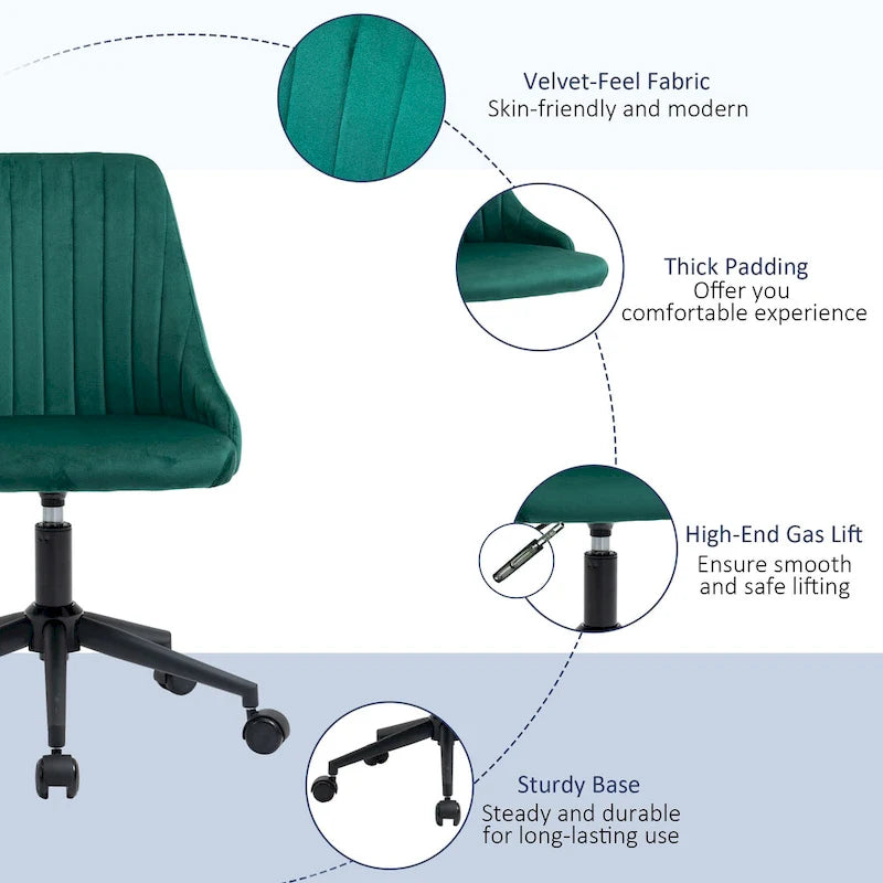 Silla de oficina de respaldo medio, asiento giratorio de tela de terciopelo con diseño festoneado para oficina en casa o dormitorio