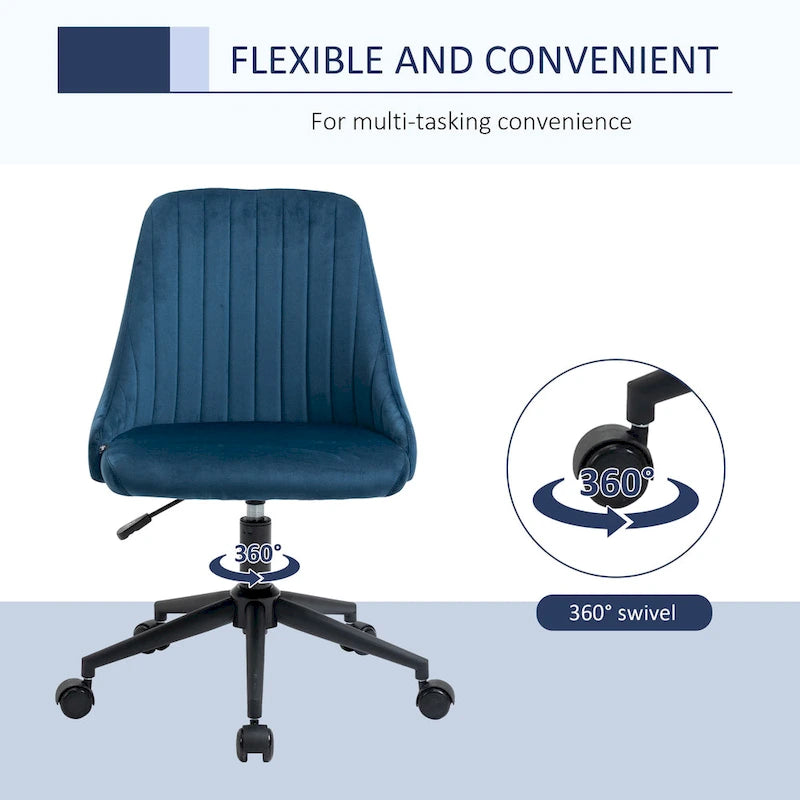 Silla de oficina de respaldo medio, asiento giratorio de tela de terciopelo con diseño festoneado para oficina en casa o dormitorio