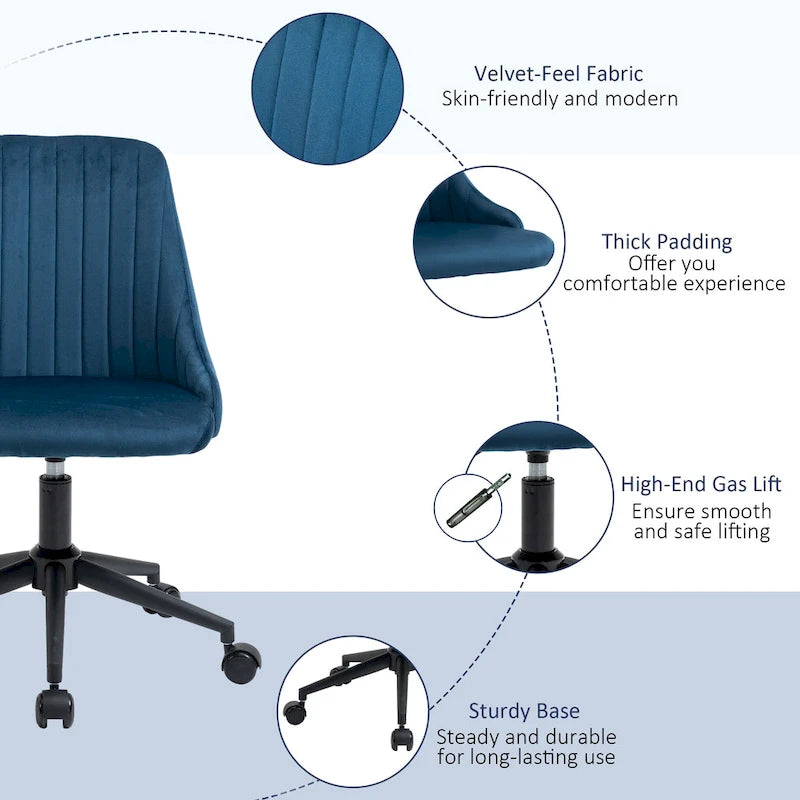 Silla de oficina de respaldo medio, asiento giratorio de tela de terciopelo con diseño festoneado para oficina en casa o dormitorio