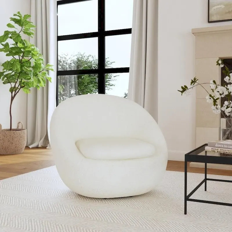 Runder Sessel in Fassform mit Drehfunktion - Weißer Sherpa-Stoff