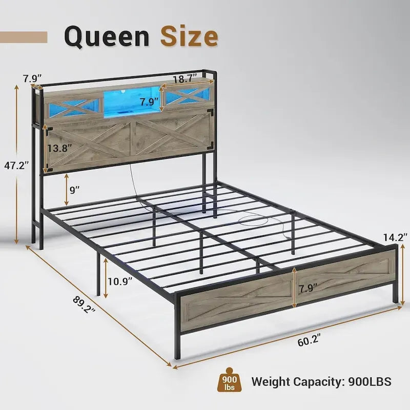 Plattformbettgestell mit LED-Beleuchtung, Ladestation und Kopfteil mit Stauraum