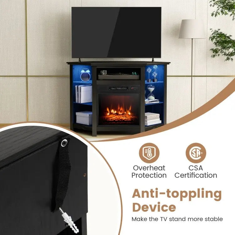 Eck-TV-Ständer mit elektrischem Kamin und LED-Beleuchtung, 45 x 22 x 30 Inches