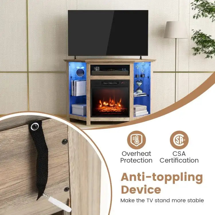 Eck-TV-Ständer mit elektrischem Kamin und LED-Beleuchtung, 45 x 22 x 30 Inches