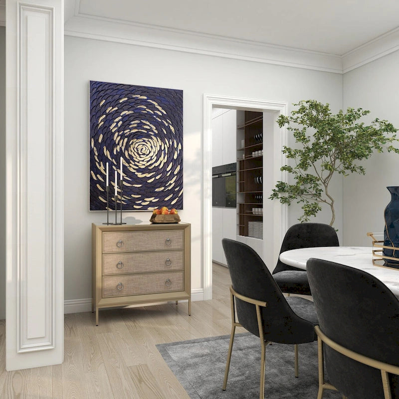 Aufbewahrungsschrank mit 3 Schubladen, verspiegelter Oberseite und Ringgriffen - Beige