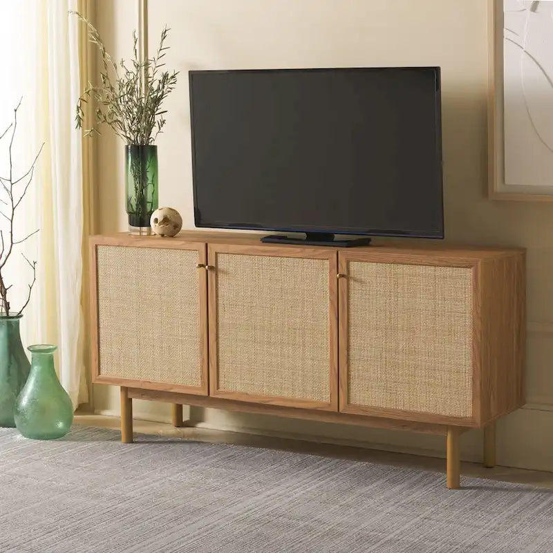 Sideboard mit 3 Türen und TV-Ständer mit Front aus Rattan-Geflecht