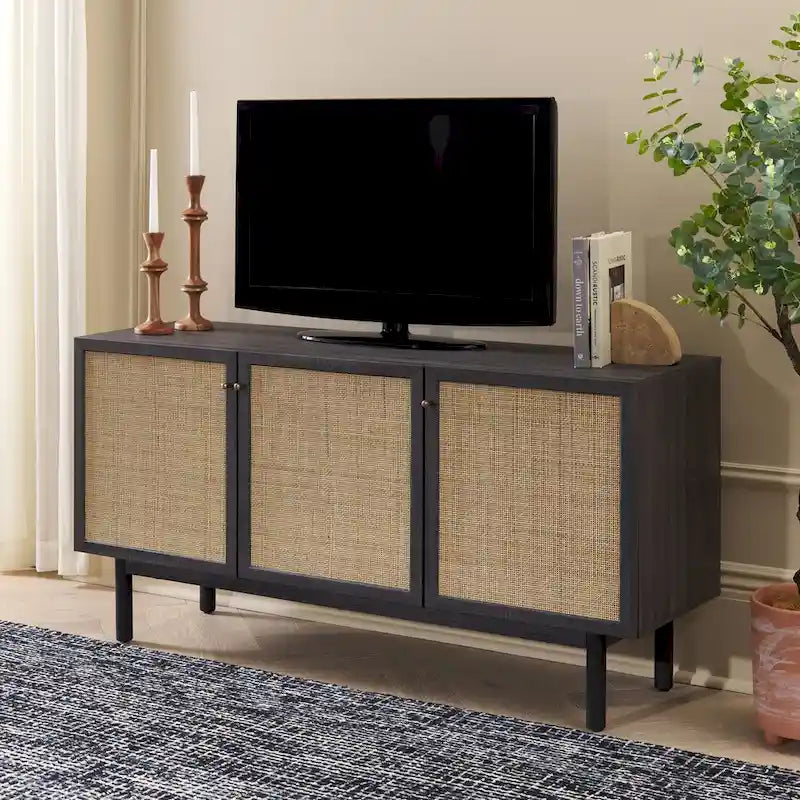 Sideboard mit 3 Türen und TV-Ständer mit Front aus Rattan-Geflecht